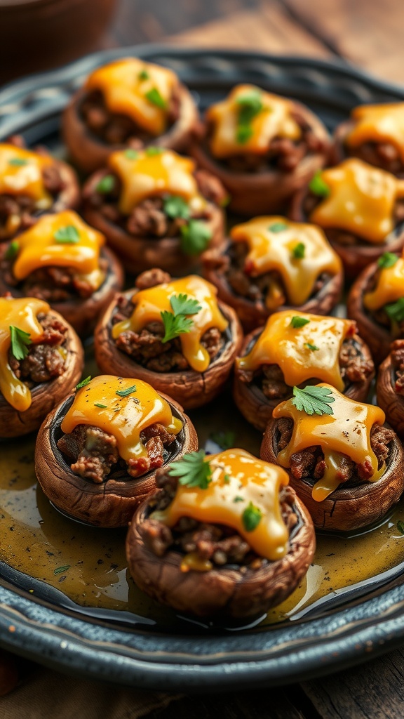 Stuffed mushrooms with beef and cheese on a wooden platter, garnished with parsley.